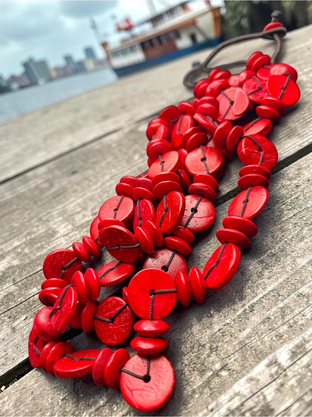 Hand Crafted Red Multi-Strand Disc Necklace